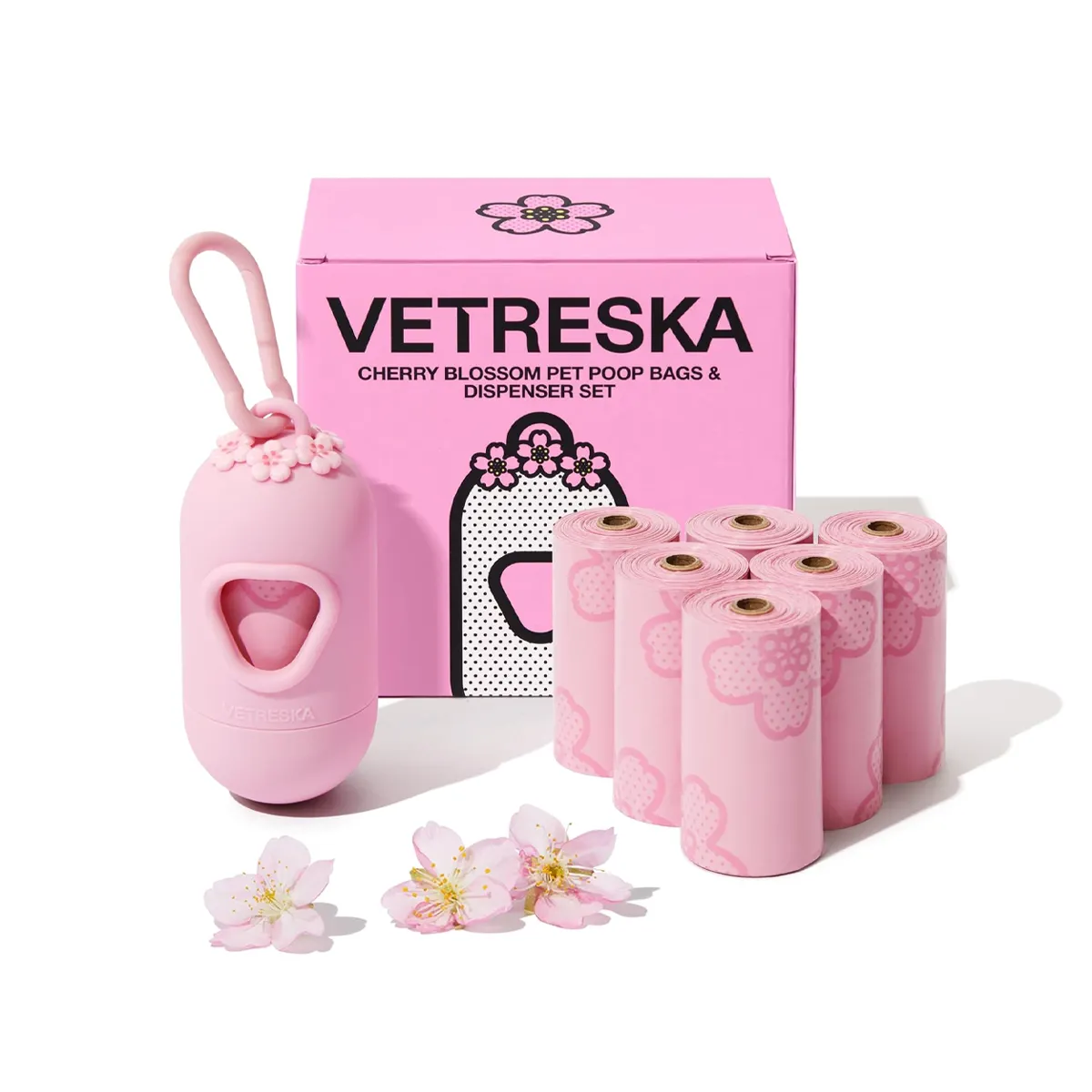 Vetreska - Cherry Blossom Pet Poop Bags & Dispenser Set (1 Dispenser + 7 Rolls)