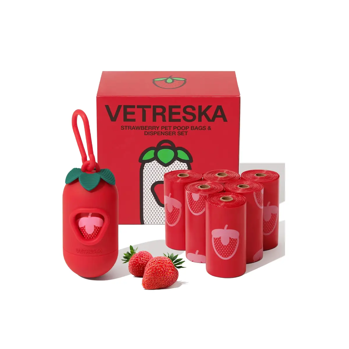 Vetreska - Strawberry Pet Poop Bags & Dispenser Set (1 Dispenser + 7 Rolls)