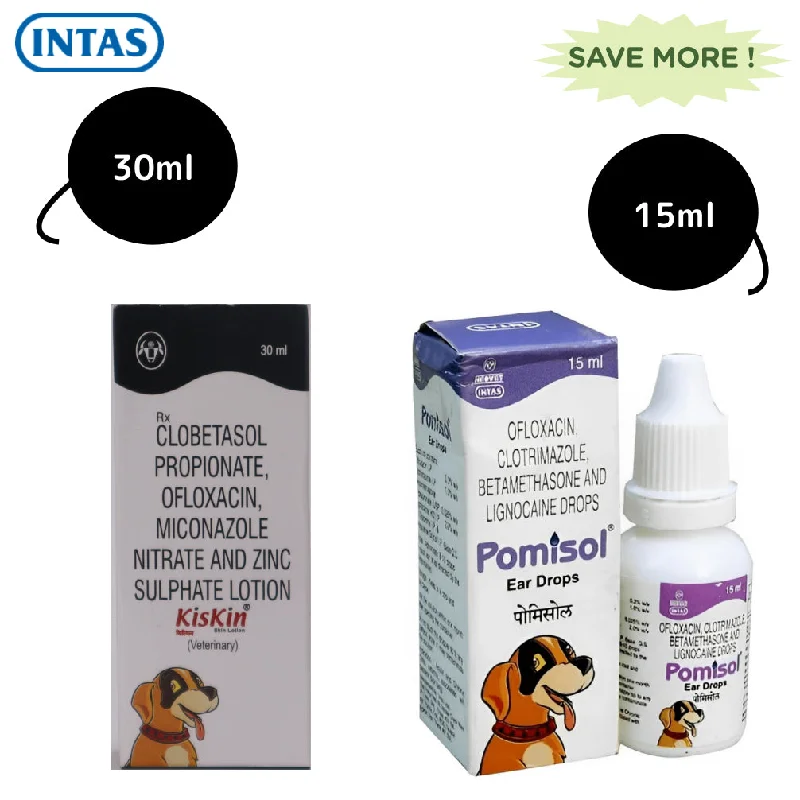 Intas Pomisol Ear Drops (15ml) and Kiskin Lotion (30ml) for Dogs & Cats Combo